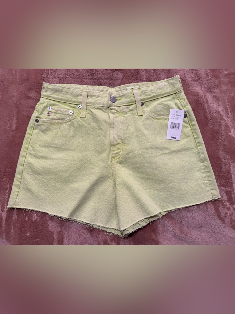 NWT AG Adriano Goldschmeid Alexxis High Rise Denim Shorts, Neon Yellow, Size 28